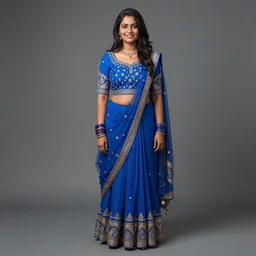 highly detailed full body portrait of south asian brown happy woman in traditional wear, studio portrait, grey colored eyes, blue colored traditional wear, photo by jerry ghionis, hyper realistic, concept art, 8 k detail post - processing