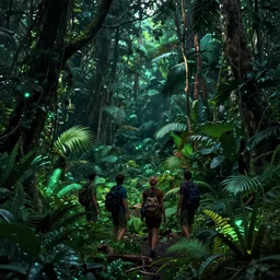 « group of people lost in a dark green jungle, far view, luminescent plants, detailed »