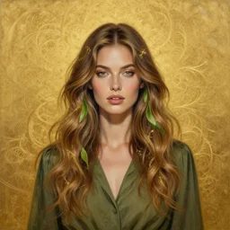 epic painting drawing, full figure portrait of beautiful supermodel wearing olive blouse, long wavy hair with tea leaves, intricate golden fractals, photography by amy leibowitz, wlop, jeremy lipkin, beeple, intricate, symmetrical front portrait, artgerm, golden glowing background