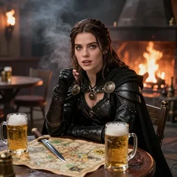 Beautiful young woman with face of Kate Beckinsale is sitting near a round table with beer mugs, a dagger stuck in table, a map and lockpics on it. She is dressed as a fantasy thief in black leather armor, a caped cloak. She is looking straight ahead, her eyes wide open and speak something. She looks mysterious and mystical. The tavern is hard to see because of the smoke and the smoke of a large fireplace and torches. Fantasy art, high detail, 4k
