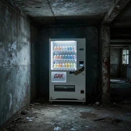 an abandoned industrial basement lit by a lone vending machine selling GAK, unsettling image