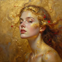 abstract oil matte portrait painting, woman infused and swimming in a golden liquid, partially covered, red particles, detailed face, wonderful masterpiece highly detailed, beautiful cinematic light deep focus, elegant, smooth, sharp focus, golden ratio, dramatic illumination, ultra realistic, 8 k, art by kristina alisauskaite and caravaggio