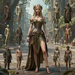 costume design from postmodern designers, artist reference pictures pose, anatomy skills,sophisticated composition, old masters light composition, procedurally generated, epic anthropomorphic spirit girl character posing for concept art, forest city streets behind her, substance designer, PBR, HD, Ultra detailed, hyperrealistic, megascans, volumetric light, concept by master artist, made in paint tool SAI2, trending pixiv face