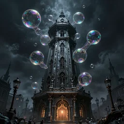 the tower of bubble, metal album cover, by raphael, dark, scary, funny, magnificent