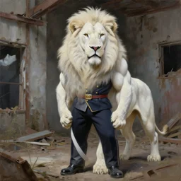 oil painting of male muscular furry albino white lion, standing in abandoned building, wearing formal uniform, in style of charlie bowater, detailed face,