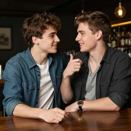 a very handsome young man who is flirting with another very handsome young man at a bar, casually dressed