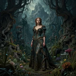 cinestill 5 0 d portrait of a beautiful highly detailed matte painting of awoman from a dream in a fantasy garden in a dark twisted forest deep in the mystical mountains, intricate details, epic scale, insanely complex, 8 k, sharp focus, hyperrealism, very realistic, by caspar friedrich, greg rutowski, james gurney