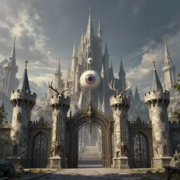 nordic celtic alien eyeball demon skull antler castle in the mountains, pointy architecture, massive gates, tower keep, ironwork, detailed infrastructure by greg rutkowski and rodney matthews, artstation, perfect horizontal symmetry, extremely hyperdetailed, uhd