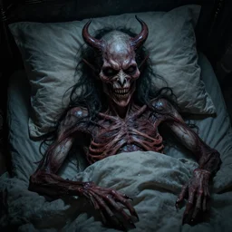 a visualisation of a living nightmare, a demon from your sleep paralysis dreams, horrifyingly realistic, photography masterpiece, extreme realism and detail, 4 k
