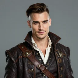 medium-length portrait of a male half-elf warrior with an undercut and brown eyes, fair skin, cocky expression, wears a fancy pirate coat with no undershirt, medieval setting, highly detailed, digital painting, artstation, concept art, sharp focus, illustration, art by greg rutkowski and alphonse mucha