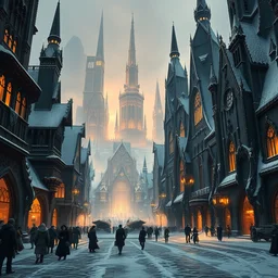 a town built by powerful magic, a city of black obsidian crystal thin towers, different levels, elegant organic crystal - like architecture, obsidian glass, snow, magical lights, marchand and crowd in the street, low angle, warm tones, scenic view of a plaza, low fantasy, by christophe young and raphael lacoste, cinematic and dramatic lighting