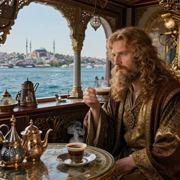 elrond the lord of rivendell having a cup of turkish coffee with aragorn in a coffee house overlooking the bosphorus strait in istanbul, cinecolor, lumen reflections, detailed and intricate, detailed faces, hypermaximalist, elegant, ornate, fantasy art, by caspar david friedrich, by tolkien