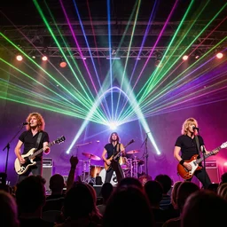 rock band pink floyd live outdoor concert 1 9 7 3, closeup view of band on stage, laser light show, amazing background, intense detail, photorealistic