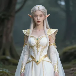 perfect image of an elven woman dressed in white and gold