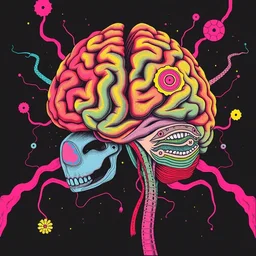 colorful illustration, creative design, human brain, biopunk, body horror, by junji ito and andy warhol