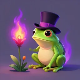 A frog wearing a top hat watching flowers burn with a purple flame digital art