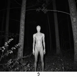 slenderman in the woods at night, trail camera black and white