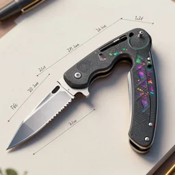 mechanical drawing of a folding knife detailed with dimensions in inches rendered colorful