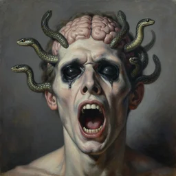an oil on canvas painting of a screaming decapitated man's partially decomposing face and black eye sockets with biting serpents swarming out of his brain, a surrealist painting, polycount, surrealism, surrealist, lovecraftian, cosmic horror, high detailed