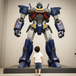 a small kid staring up at a tall mech robot by ruan jia