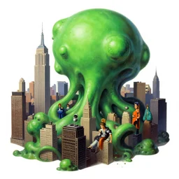A strange green blob from outer space devours manhatten, beautiful matte painting, Moebius, frank frazetta, sid mead, thomas kinkade, rodney mathews, trending on artstation