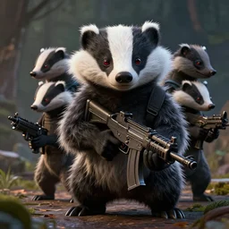Release the psychopathic badgers armed with machine guns, rule of thirds, rendered in octane, rendered in Corona, rendered in vray, rendered in Arnold, insanely detailed, photorealistic, cinematic, global illumination, no grain