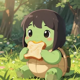 portrait of extremely stunningly cute turtle girl eating a sandwich in a park, dragon type turtle kobold proportions, webtoon art by anton fadeev and ghibli and wlop