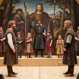 medieval peasants on family feud game show, face off podium, renaissance painting