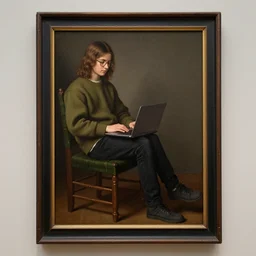 painting of a long haired teenager!!! with glasses sitting on a chair, clothed with an olive colored sweater and a black jean, with a laptop on his lap, full body, renaissance!!! painting!!!, ultra detailed, masterpiece, framed, museum photo
