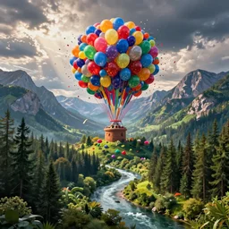 fairytale landscape with forest, river and mountains in the middle of the frame colossal balloon statue surrounded by colorful ribbons and party confetti , concept art, huge scale, high detail, sci fi by James Jean