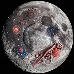 the moon landing remaked with fractals of veins and muscle tissue, the moon in the middle, fractals and spirals going outwards, by giuseppe arcimboldo and beksinski, a touch of giger and yamamoto, realistic, high definition