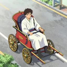 a birds eye view focused on a man in a chariot in tokyo, drawn like the anime speed racer, full color