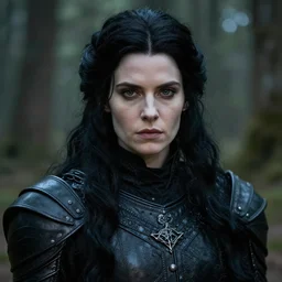 5 5 mm close up portrait photo of krysten ritter as yennefer of vengerberg in black leather armor and black hair, in a forest. magical atmosphere. art by greg rutkowski. lifelike. very detailed 8 k. intricate. soft light. nikon d 8 5 0.