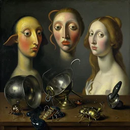 disturbing colorful oil painting dutch golden age vanitas still life with bizarre recursive humanoid faces strange beautiful curvy women metal objects shiny gooey surfaces shiny metal bizarre insects rachel ruysch dali todd schorr very detailed perfect composition rule of thirds masterpiece canon 5 0 mm, cinematic lighting, chiaroscuro