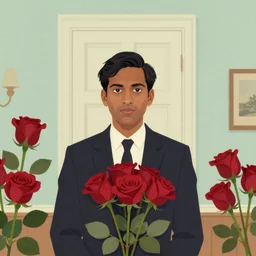 artwork by Wes Anderson, Wes Anderson and Wes Anderson, of a solo individual portrait of an Indian guy with roses roses roses, dapper, simple illustration, domestic, nostalgic, full of details, by Wes Anderson and Wes Anderson, wes anderson, wes anderson, wes anderson, wes anderson, wes anderson, Matte painting, trending on artstation and unreal engine