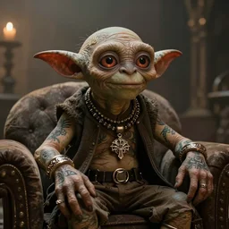 gollum couching in a dungeon proudly wearing jewelry, hip hop style, tattoos, lotr, imax, foggy atmosphere, bokeh, professional studio shot, stylized photo, single image