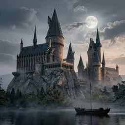 Hogwarts, dark misty, monumental, old ruins tower, ship on Lake, HDR, by Simon Stålenhag, moon, clouds, mist, moon rays, Zhangjiajie in early morning, light and shadow, Shin-hanga by Thomas Kinkade and Bob Ross, traditional Japanese colors, superior quality, masterpiece, featured, trending, award winning, HD, UHD, 4K, 8K, anamorphic widescreen
