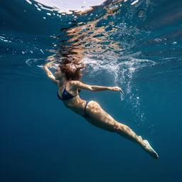 a woman in bikini breaking the surface of the water, underwater photography with light scattering and water refractions, smooth
