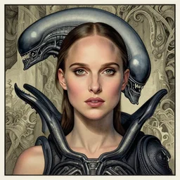 a beautiful portrait of natalie portman xenomorph alien queen by h.r. giger and by arthur rackham and by john william waterhouse and by adi granov, detailed, proportional, trending on art station, 4k
