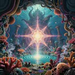 breathtakingly detailed art nouveau ultrawide angle photo, alien ocean coral structures frame circle, closeup a gleaming humans energy field emitting bright glowing ripples, spiritual aura, sacred geometry, bizarre overgrown alien temple in background, vivid caustics, symmetry, very low angle shot, smoke rises from the coral flowers, by studio ghibli, peter mohrbacher, fenghua