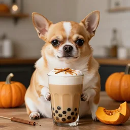 “A very fat chihuahua making a pumpkin spice latte containing tapioca pearls. Award-winning, 4k, high quality”