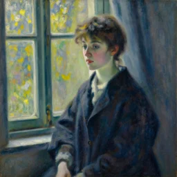 impressionist painting of stephanie seymour, dramatic lighting, window