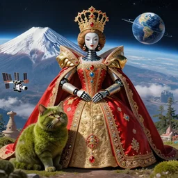 On the morning of the robot queen's coronation, The Mekanik Doll, chubby moss kitten, Mount Fuji seen from the International Space Station, by Dylan Kowalski and deiv calviz, highly detailed, digital painting, HDRI, by vivid colors, high contrast, 8k resolution, intricate, beautiful and thematically complex, smooth