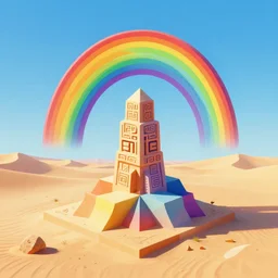isometric 3 d surrealist rainbow above a non - euclidean pagan monument in a desert, frequencies divided as sacred geometry 3 d shapes, very surreal, by dali