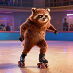 film still of Rocket Racoon roller skating at a roller rink in the new Guardians of the Galaxy movie, 4k