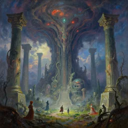 beautiful vivid dangerous alien landscape with evil looming with giant ionian!!!!! greek!!!!! columns!!!!!, by roger dean, by anton fadeev, by albert bierstadt, magical realism, oil on canvas, soft render, octane, artstation