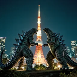 a landscape photo of cthulhu fighting godzilla in tokyo, nighttime, photorealism, hyperreal, 8 k, bright lights, cinematic lighting, film concept art, trending on artstation
