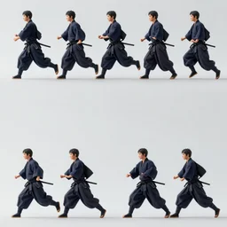 samurai character model, running sequence, pose 4 of 1 6, orthographic front view, single figure, 4 k photograph, clear details, pose 4 of 1 6,