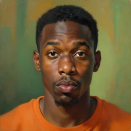 portrait of a black man who stares intently, very thoughtful, yet playful, sugary, highly detailed oil painting, by edward hopper, adrian ghenie, glenn brown, soft light 4 k, orange and green colour palette, cinematic composition, cinematic lighting, high quality octane render, masterpiece