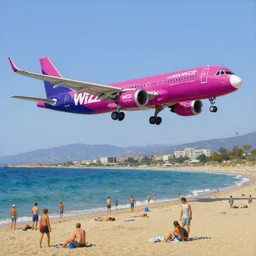wizzair airbus a 3 2 1 neo landing at skiathos airport, low over the heads of the people on the beach, highly detailed painting by gaston bussiere, craig mullins, j. c. leyendecker 8 k